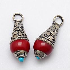 Red Brass Teardrop Pendants, with Resin Imitation Gemstone and Antique Silver, Red, 26~28x11mm, Hole: 4mm