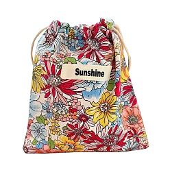 Colorful Flower Print Cotton Storage Bag, Drawstring Bag, Rectangle, Colorful, 18.5x16.5cm