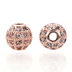 Rose Gold Rack Plating Brass Cubic Zirconia Beads, Long-Lasting Plated, Round, Rose Gold, 6x6mm, Hole: 1.5mm