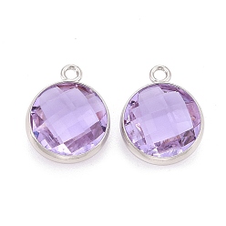 Plum Glass Charms, with Platinum Plated Brass Findings, Long-Lasting Plated, Lead Free & Nickel Free & Cadmium Free, Faceted Flat Round, Plum, 6x4x1.5mm, Hole: 0.9mm