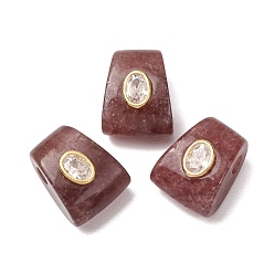 Quartz Fraise Perles européennes en quartz fraise naturel, perles trapézoïdales à grand trou avec sertissage en laiton et zircon cubique transparent, or, 20x14.5~16x13~13.5mm, Trou: 4mm