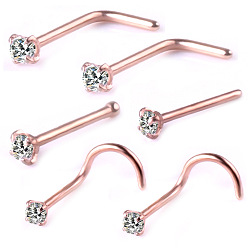 Rose Gold 6Pcs 6 Style Clear Cubic Zirconia Nose Studs, 316 Surgical Stainless Steel Fishtail & L-shape & Nose Bone Rings, Nose Piercing Jewelry for Women, Rose Gold, 7~8mm, Pin: 0.8mm, 1Pc/style