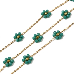 чирок 304 из нержавеющей стали цепи связи цветок, со стеклом, стойки покрытие, долговечный, ионное покрытие (ip), реальный 18 k позолоченный, пайки, с катушкой, зелено-синие, 2x1.5x0.4 mm и 7.5x9.5x3 mm