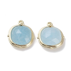 Нефрит Природного нефрита подвески, граненые квадратные подвески, с позолоченными латунными петлями по краям, 16x14x5 мм, отверстие : 2 мм