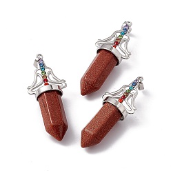 Goldstone Synthetic Goldstone Big Pendants, 7 Chakra Faceted Bullet Charms, with Platinum Plated Brass Findings and Colorful Rhinestone, Cadmium Free & Lead Free, 55x22.5x16mm, Hole: 8x5mm