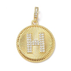 Letter H Латунные микропаве прозрачные подвески с фианитом, плоский круглый с подвесками в виде букв, без свинца и без кадмия, долговечный, стойки покрытие, реальный 18 k позолоченный, Письмо ч, 24.5x21.5x2.5 мм, отверстие : 4.5x3.5 мм