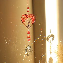 Synthetic Coral Synthetic Coral Chip Wrapped Heart with Tree of Life Hanging Ornaments, Glass Teardrop Tassel Suncatchers for Home Outdoor Decoration, 180mm