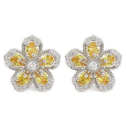 Желтый Серьги-гвоздики с кубическим цирконием, стеллаж для латунных украшений для женщин, платина, желтые, 19x19.5 мм