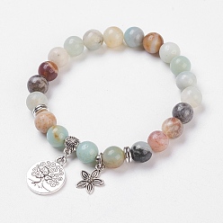 Amazonite Natural Flower Amazonite Stretch Bracelets, with Alloy Pendants & Bead Spacers, Tree of Life and Flower, Burlap Packing, 2 inch(5cm)