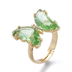 Dark Sea Green Adjustable Brass Glass Finger Rings, with Clear Cubic Zirconia, Butterfly, Golden, Dark Sea Green, Size 7, Inner Diameter: 17mm