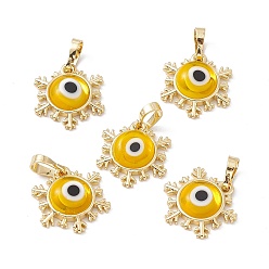 Gold Handmade Evil Eye Lampwork Pendants, with Rack Plating Real 18K Gold Plated Brass Findings, Long-Lasting Plated, Snowflake Charm, Gold, 15x14x4mm, Hole: 4x6.5mm