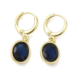 Dark Blue Real 18K Gold Plated Brass Dangle Leverback Earrings, with Oval Glass, Dark Blue, 27x10mm