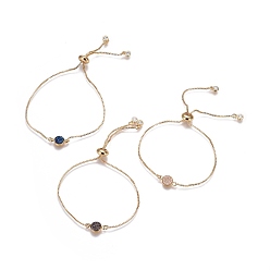 Golden Electroplated Natural Druzy Agate Slider Bracelets, Bolo Bracelets, with Brass Box Chains and Cubic Zirconia, Flat Round, Golden, 9-3/4 inch(24.7cm)