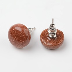 Goldstone Half Round Dome Synthetic Goldstone Stud Earrings, with Platinum Plated Brass Findings, 18mm, Pin: 0.8mm