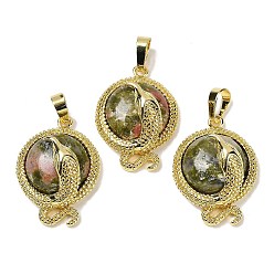 Унакит Плоские круглые подвески из натурального унакита из латуни, стойки покрытие, без кадмия и без свинца, золотые, 29.5x21.5x9.5~11 мм, отверстие : 7.5x4.5 мм