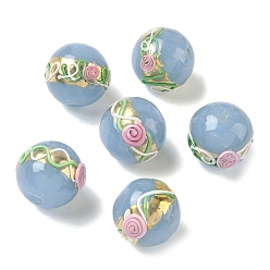 Светло-Синий Бусины ручной работы золотой фольги стекла, с эмалью, круглый с цветком розы, голубой, 16.5~17.5 мм, отверстие : 1.6 мм