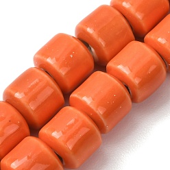 Naranja Oscura Cuentas de porcelana hechas a mano, porcelánico esmaltado brillante, barril, naranja oscuro, 10x10 mm, agujero: 3 mm, sobre 40 unidades / cadena, 14.96'' (38 cm)