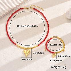 Красный Элегантные латунные браслеты и ожерелья с подвеской в виде сердца для женщин, комплекты украшений из стеклянных бусин, красные
