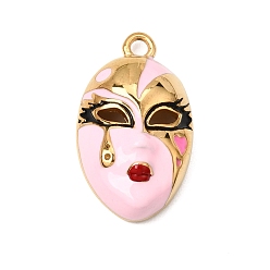 Pink 304 Stainless Steel Enamel Pendants, Masquerade Face Charm, Ion Plating(IP), Long-Lasting Plated, Real 18K Gold Plated, Pink, 30x17.5x9mm, Hole: 2.5mm