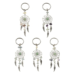 Fluorite Natural Chip Fluorite & Green Aventurine Keychain, with Tibetan Style Pendants and 316 Surgical Stainless Steel Key Ring, Woven Net/Web with , 107mm, Pendant: 82x28x7mm