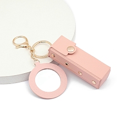 Pink PU Leather Lipstick Storage Bags, Portable Lip Balm Organizer Holder for Women Ladies, with Light Gold Tone Alloy Keychain and Mirror, Pink, 7x2.5cm