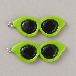 Lime Green Opaque Resin Pendants, Sunglasses Charms, with Platinum Tone Iron Loops, Lime Green, 45x16x4mm, Hole: 2mm