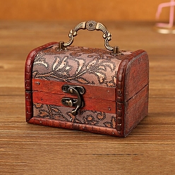 Flower Wooden Portable Storage Boxes, with Iron Clasps & Iron Handle, Rectangle, FireBrick, Flower Pattern, 12x8x8.5cm, Inner diameter: 10.8x6.5x7.5cm