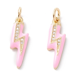 Pink Brass Micro Pave Clear Cubic Zirconia Pendants, with Enamel & Jump Ring, Long-Lasting Plated, Lightning Bolt, Real 18K Gold Plated, Pink, 19x5.5x2mm, Hole: 3.6mm