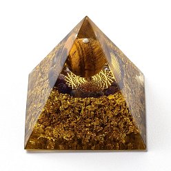 Tiger Eye Orgonite Pyramid, Resin Pointed Home Display Decorations, with Natural Tiger Eye and Brass Findings Inside, 50x50x50mm