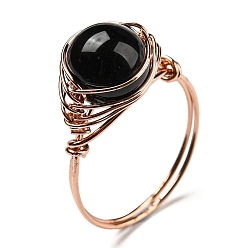 Obsidian Natural Obsidian Round Finger Ring, Rack Plating Rose Gold Brass Wire Wrap Ring, Inner Diameter: 20mm