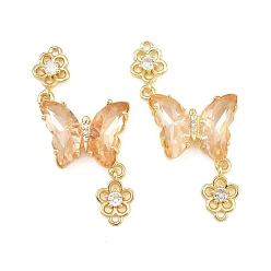 Orange Brass Micro Pave Cubic Zirconia Connector Charms, Butterfly with Flower Links, with Glass, Lead Free & Cadmium Free, Long-Lasting Plated, Rack Plating, Real 18K Gold Plated, Orange, 46x21x4mm, Hole: 1.4mm