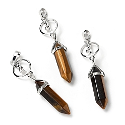 Tiger Eye Natural Tiger Eye with Brass Pendants, Cadmium Free & Lead Free, Bullet Shaped, 65~70mm, Hole: 4.6mm