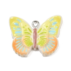 Разноцветный Непрозрачные подвески смолы, бабочка, с железной платиной петлей, красочный, 21x28x6 мм, отверстие : 2 мм