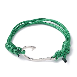 Green Fish Hook Shape 304 Stainless Steel Link Braclet, Waxed Polyester Cord Adjustable Bracelets, Green, Inner Diameter: 2-1/4~3-7/8 inch(5.7~9.8cm)