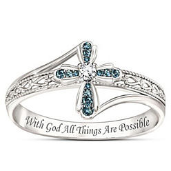 Platinum Rhinestone Cross Finger Rings, Word with God All Things are Possible Alloy Rings, Platinum, US Size 7(17.3mm)