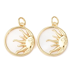 Настоящее золото 18K Природные подвески оболочки, с латунной фурнитурой и прыжковым кольцом, долговечный, плоские круглые с солнцем, реальный 18 k позолоченный, 18x15.5x4 мм, Перейти кольцо: 5x1 мм, 3 мм внутренним диаметром