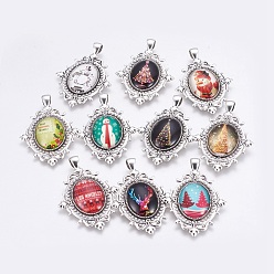 Antique Silver DIY Pendants Making, with Tibetan Style Alloy Pendant Cabochon Settings and Christmas Theme Glass Cabochons, Oval with Flower, Antique Silver, Setting: 56x38x2mm, Hole: 5x7mm, Cabochon: 25x18x6mm, 2pcs/set