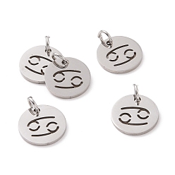 Cancer 304 Stainless Steel Charms, Flat Round with Constellation/Zodiac Sign, Cancer, 12x1mm, Hole: 3mm