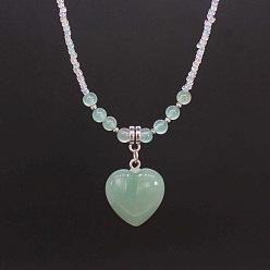 Green Aventurine Natural Gemstone Heart Pendant Colorful Glass Seed Beads Beaded Necklaces for Women, Platinum, 17.72 inch(45cm)
