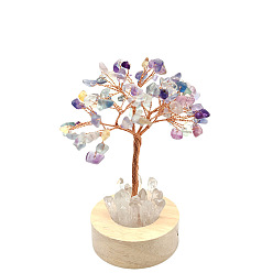 Fluorite Natural Fluorite Chips Tree Night Light Lamp Decorations, Wooden Base with Copper Wire Feng Shui Energy Stone Gift for Home Desktop Decoration, 120mm