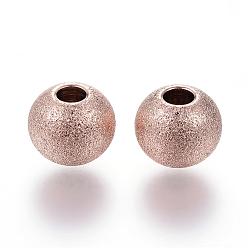 Rose Gold Ion Plating(IP) 201 Stainless Steel Textured Beads, Round, Rose Gold, 8x7mm, Hole: 3mm