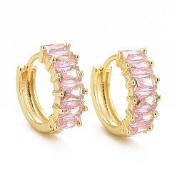 Light Rose Cubic Zirconia Rectangle Hoop Earrings, Real 18K Gold Plated Brass Chunky Hinged Earrings for Women, Cadmium Free & Lead Free, Light Rose, 15.5x17x6mm, Pin: 1mm