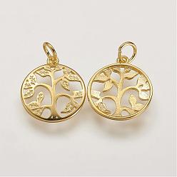 Golden 925 Sterling Silver Pendants, Flat Round with Tree of Life Tree, Golden, 16x14x2mm, Hole: 3mm