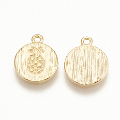 Real 18K Gold Plated Brass Charms, Flat Round with Pineapple, Nickel Free, Real 18K Gold Plated, 11.5x9x1mm, Hole: 1mm