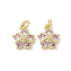Pink Латунные подвески с фианитами, долговечный, реальный 18 k позолоченный, цветок, розовые, 12.5x10.5x4 мм, отверстие : 3.5 мм, Перейти кольцо: 5x0.75 мм
