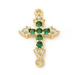 Green Eco-Friendly Rack Plating Brass Pave Cubic Zirconia Connector Charms, Lead Free & Cadmium Free, Real 18K Gold Plated, Religion Cross Links, Green, 24.5x16.5x3.5mm, Hole: 1.4~1.5mm