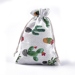 Colorful Polycotton(Polyester Cotton) Packing Pouches Drawstring Bags, with Cactus Printed, Colorful, 18x13cm