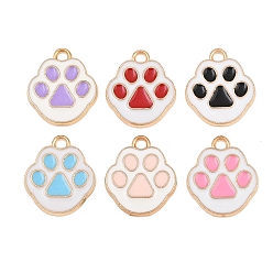 Mixed Color Alloy with Enamel Pendants, Paw Print Charms, Light Gold, Mixed Color, 17x14x1.5mm, Hole: 1.9mm