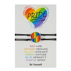Platinum 2Pcs 2 Style Rainbow Pride Flag Alloy Enamel Yin-yang Link Bracelets Set, Matching Couple Bracelets with Cords, Platinum, 6-1/4~11-3/4 inch(16~30cm), 1Pc/style