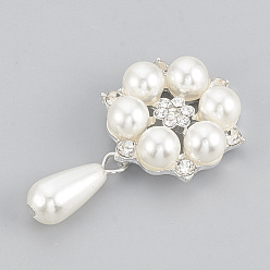 Silver Alloy Rhinestone Flat Back Cabochons, with ABS Plastic Imitation Pearl, Flower with Drop, Silver Color Plated, 47mm, Flower: 28x24x8.5mm, Teardrop: 22x8mm